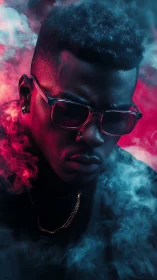 Neon smoke portrait with moody red blue rim lighting.