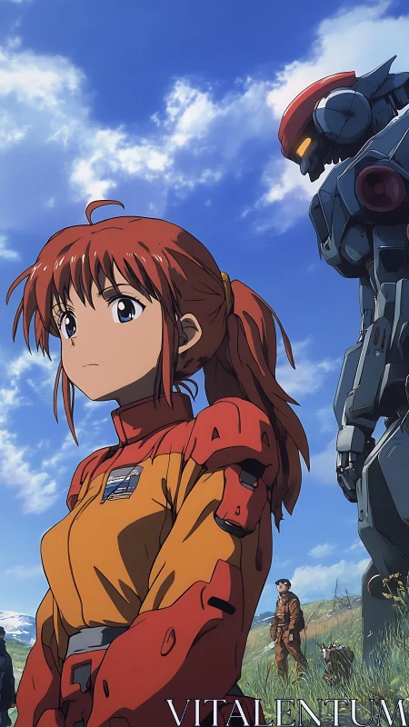 Red‑suited pilot stands before towering combat mecha