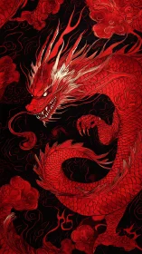 Red oriental dragon coiled in clouds on black ground.