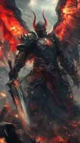 Infernal armored demon rises amid fire and burning skies