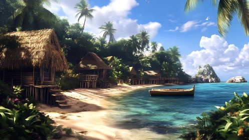 Tropical Island Village with Thatched Huts and Boat.