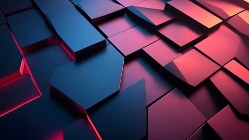 Geometric 3D panels with neon red and blue lighting design.