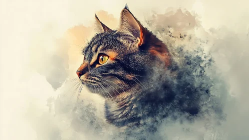 Tabby Cat Portrait with Watercolor Dissolution Effect.