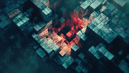 Geometric stone cubes descend into a glowing digital abyss