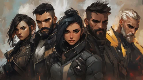 Group portrait of five stylized characters in uniformed attire.