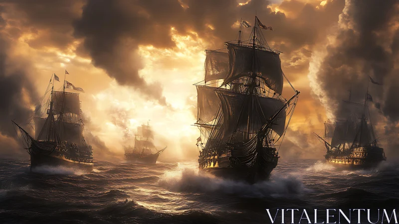 Storm-lit armada of tall ships on a blazing horizon.