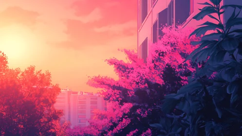 Sunset washes city trees and glass facade in neon light glow