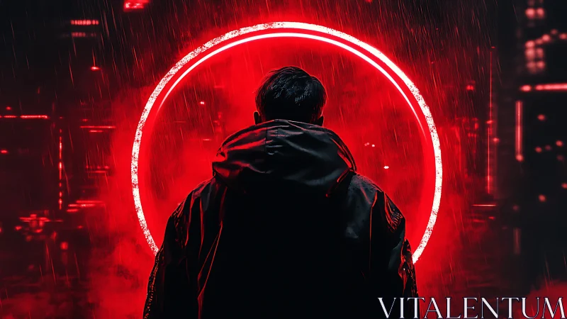 Neon red portal behind lone figure in rain soaked alleyway.