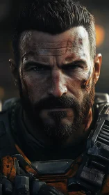 Battle-worn futuristic soldier stares forward with intensity