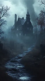 Gothic mansion in dense ground fog with backlit storm clouds