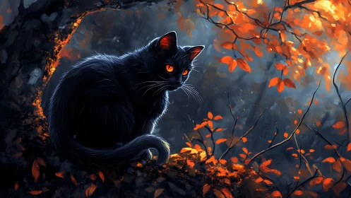 Mystical Black Cat with Fiery Eyes in an Autumn Forest.