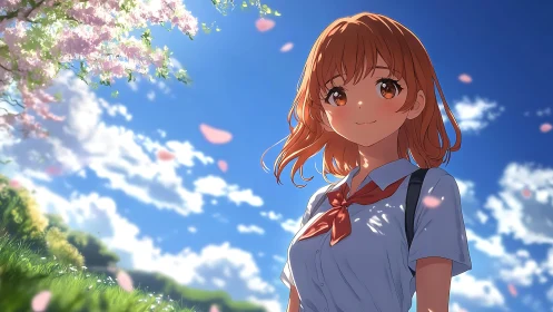 Anime schoolgirl under cherry blossoms in high-key sunlight