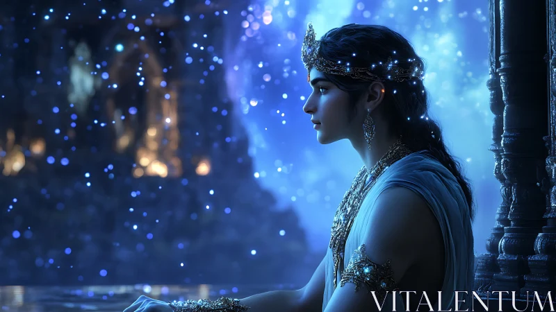 Luminous blue-lit princess in jeweled regalia by reflective pool