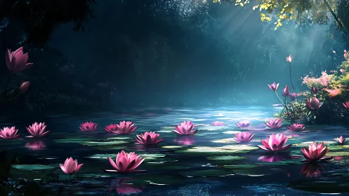 Digital painting of luminous lotus pond under dappled canopy.