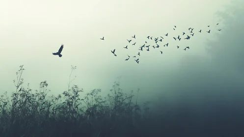 Flock of Birds Flying Over Misty Field in Minimalist Nature Art.