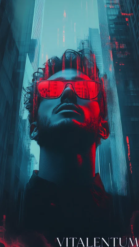 Stylized man in red glasses stands in neon city canyon
