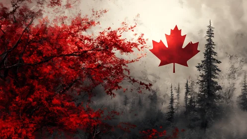 High-contrast Canadian maple motif over misty conifer forest