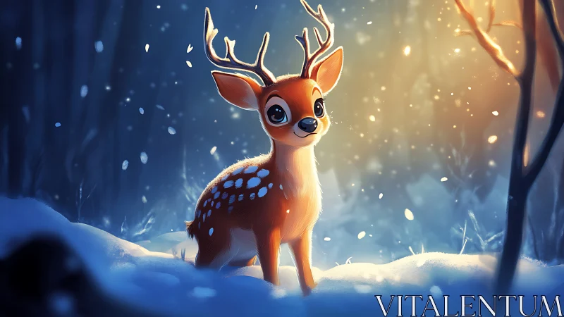 Gentle winter fawn glowing softly in an enchanted forest.