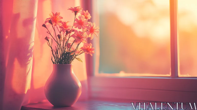 Warm Floral Arrangement Silhouetted Against Golden Window Light.