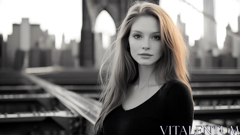 Soft-lit portrait on urban bridge with cinematic depth of field.