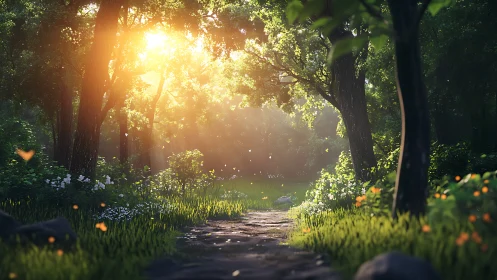 Forest path at golden hour with sunlight filtering through canopy.