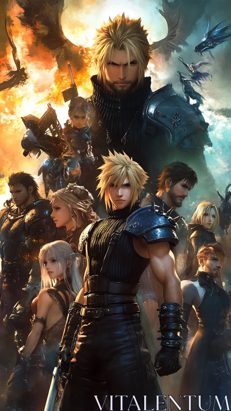 Vertical composition presents armored fantasy characters in focus