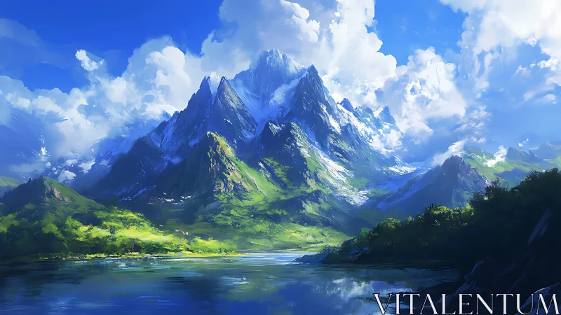 Sunlit mountain peaks rising over a calm reflective lake.