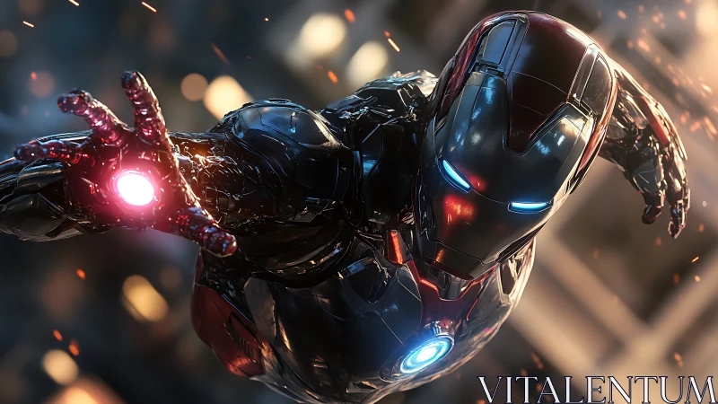 Armored cybernetic hero with glowing repulsor blast mid-flight.