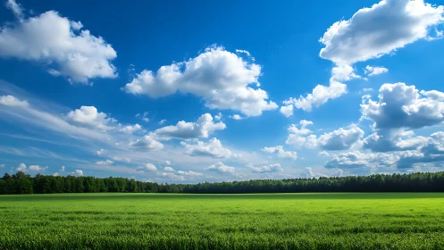 Green field extends to distant forest under scattered clouds.