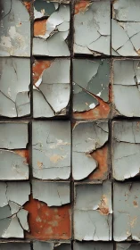 Peeling gray paint on rusted metal grid surface wall texture.