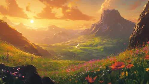 Radiant alpine valley at sunset with wildflower meadow foreground