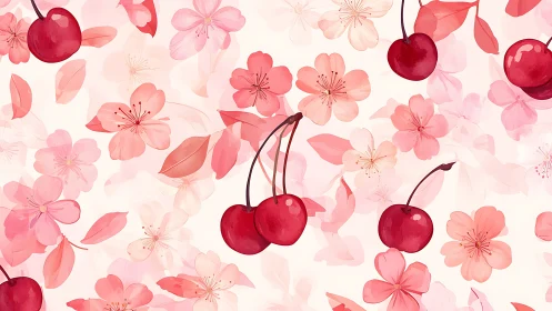 Crimson cherries suspended among delicate floral overlay composition.