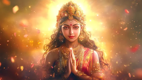 Golden-hued divine feminine portrait with radiant halo light