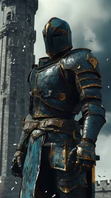 Armored knight in weathered teal plate beneath storm clouds.