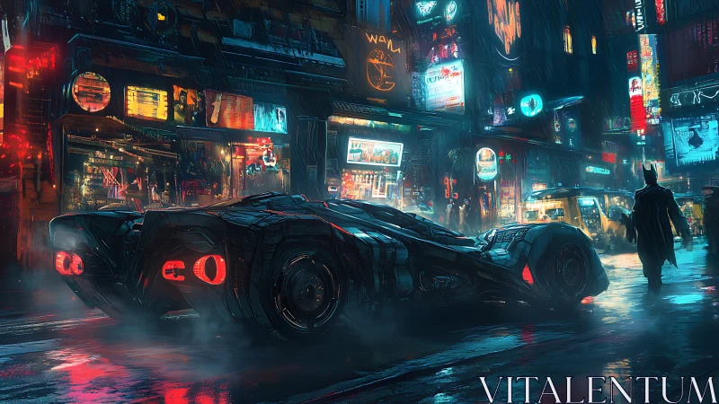 Futuristic armored car parked in neon city street at night