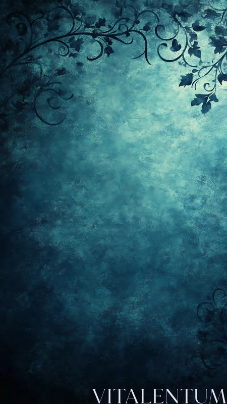 Teal textured background with dark ornamental corner vines