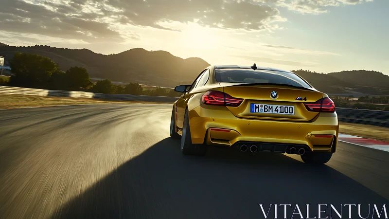 Golden BMW M4 powers through sunset curves on a racetrack