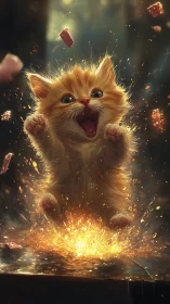 Explosive orange kitten with dynamic energy particles
