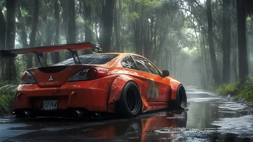 Widebody orange tuner sedan in misty forest wet roadscape