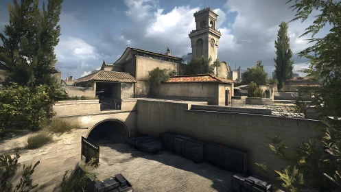 Mediterranean fortress courtyard in tactical game environment.