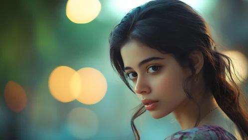 Cinematic female portrait with teal bokeh and soft rim light.