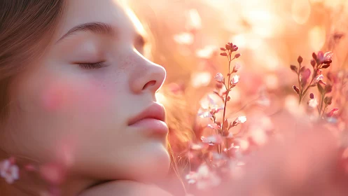 Soft focus portrait in blooming meadow with warm bokeh light