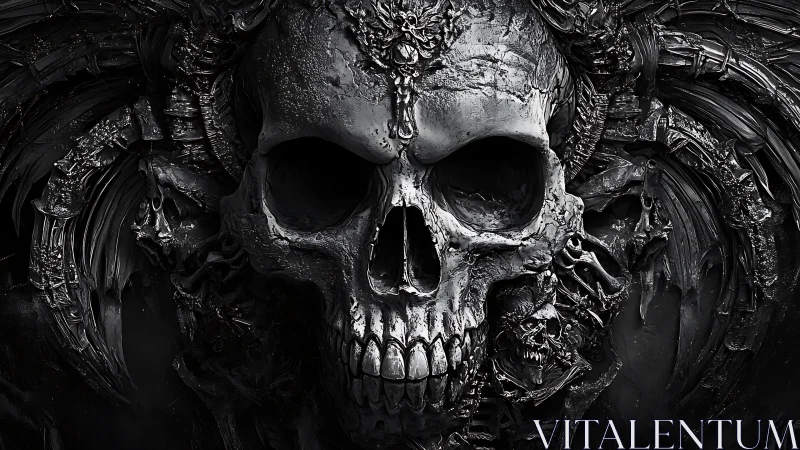 Baroque infernal skull emerging from ornate darkness.