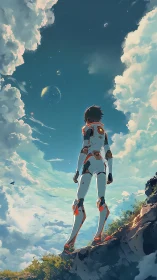 Young space explorer in white suit facing distant planets.