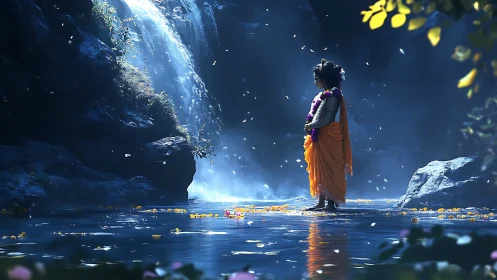 Divine child meditates beside luminous waterfall at dusk.