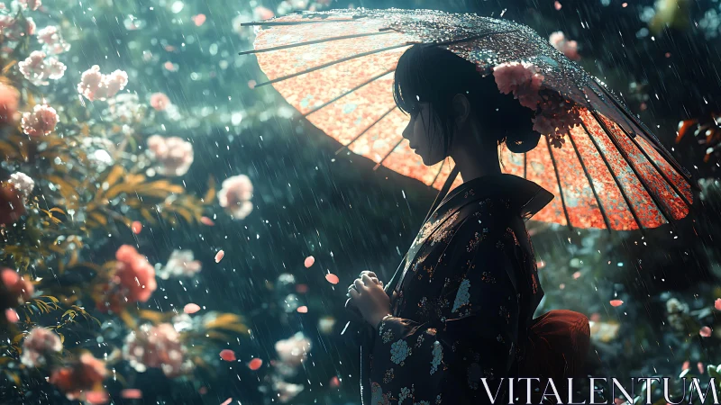 Rainlit kimono girl beneath floral parasol in garden twilight.