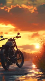 Sunset ride paused on a glowing open country road.