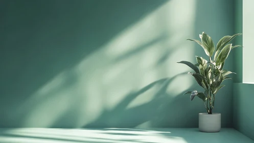 Sunlit potted houseplant in minimalist teal interior corner