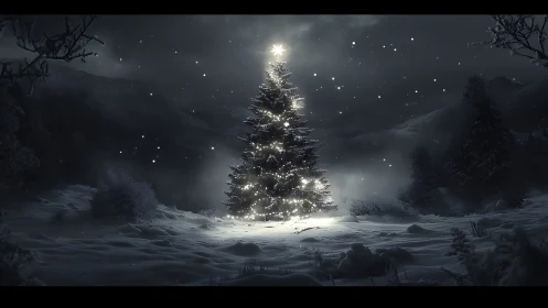 Illuminated evergreen tree centered in a snowy night landscape.