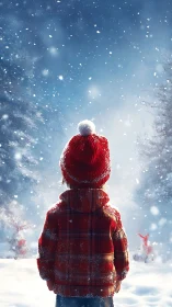 Child in red coat gazes into a softly falling winter snowfall.